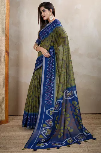 green printed art silk designer pallu chanderi saree