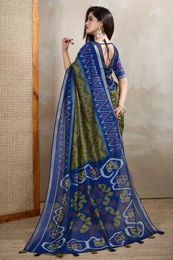 green printed art silk designer pallu chanderi saree