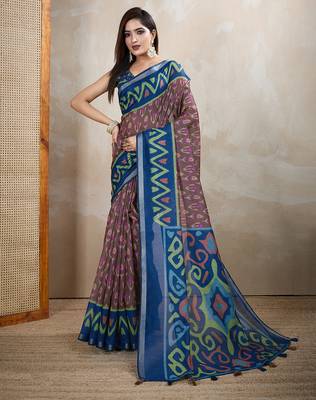 brown printed art silk designer pallu chanderi saree 1