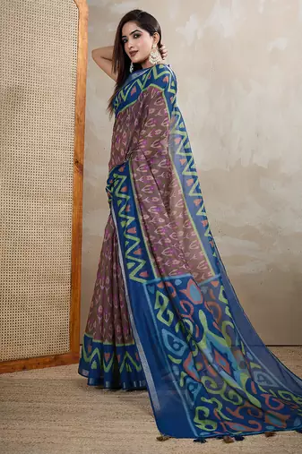 brown printed art silk designer pallu chanderi saree