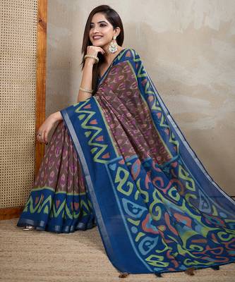 brown printed art silk designer pallu chanderi saree 4