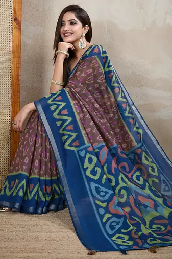brown printed art silk designer pallu chanderi saree
