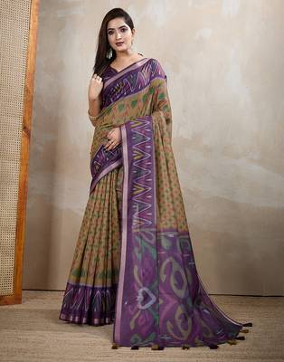 chiku printed art silk designer pallu chanderi saree 1