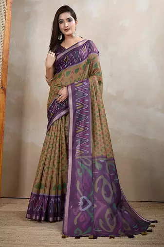 chiku printed art silk designer pallu chanderi saree