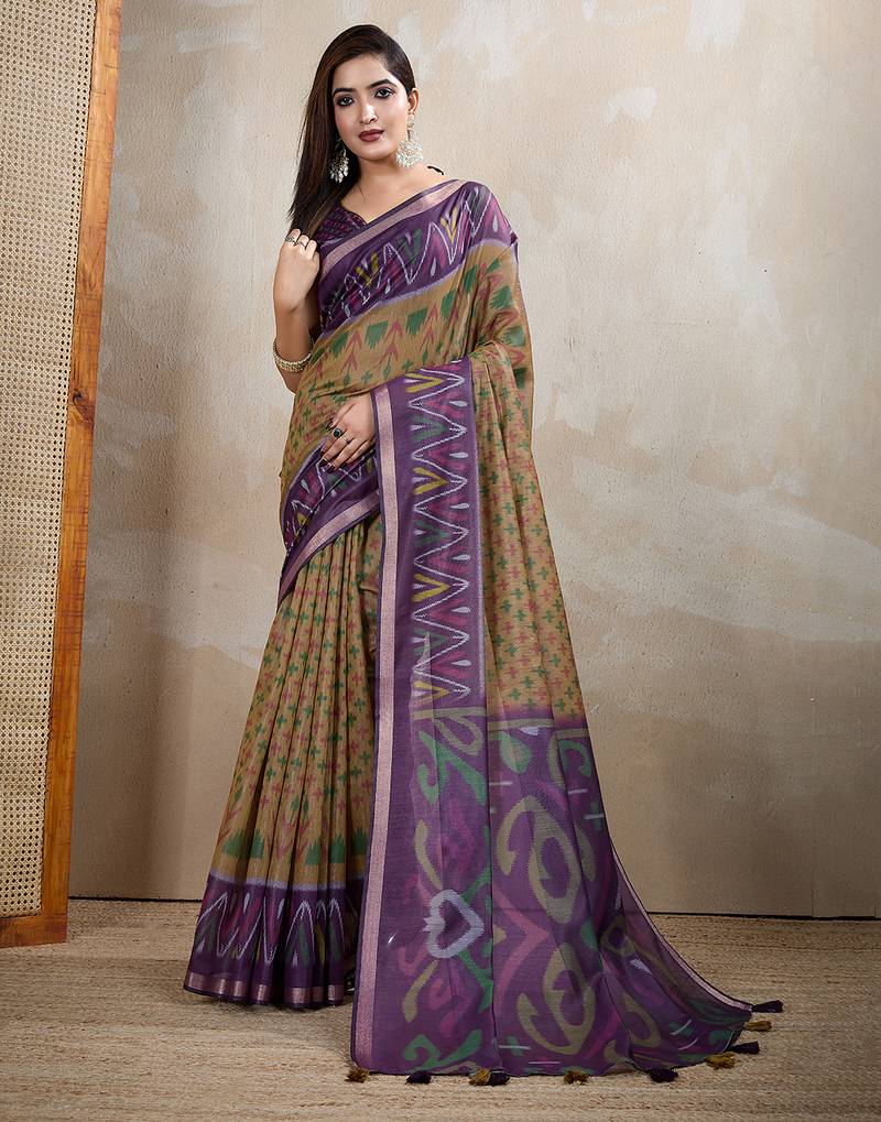 chiku printed art silk designer pallu chanderi saree
