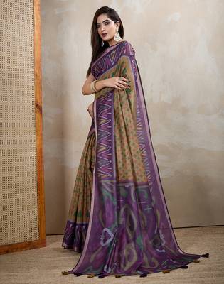 chiku printed art silk designer pallu chanderi saree 2