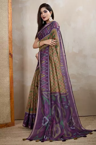 chiku printed art silk designer pallu chanderi saree