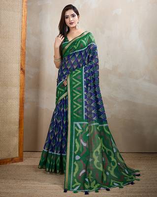 blue printed art silk designer pallu chanderi saree 1