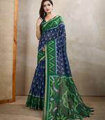 blue printed art silk designer pallu chanderi saree