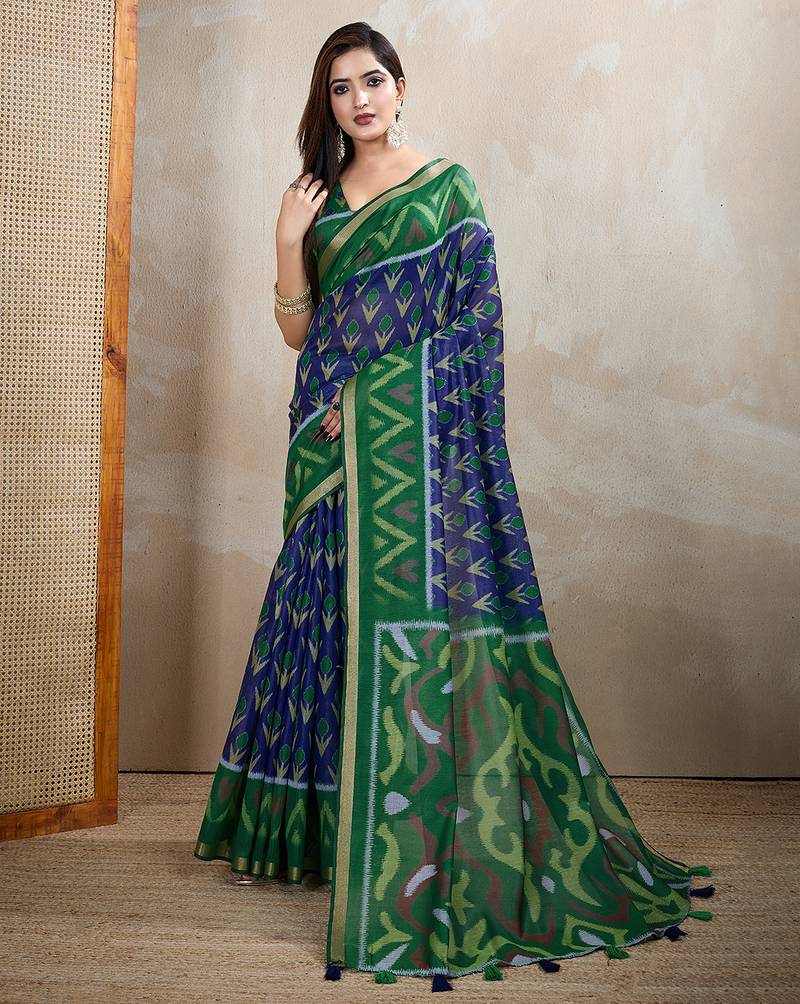 blue printed art silk designer pallu chanderi saree