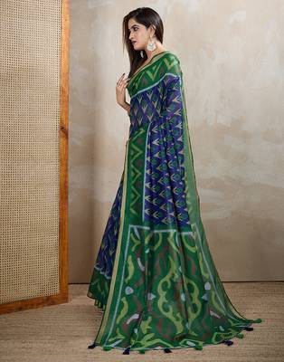blue printed art silk designer pallu chanderi saree 2