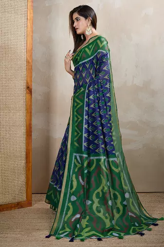 blue printed art silk designer pallu chanderi saree
