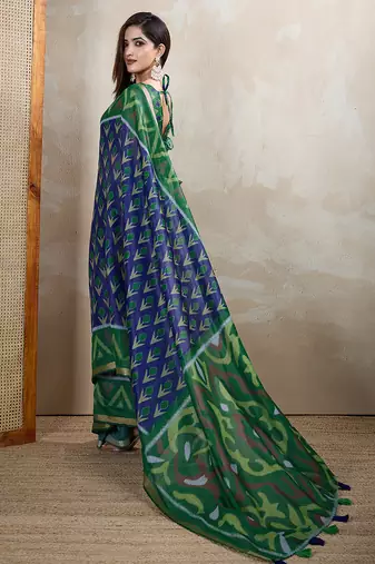 blue printed art silk designer pallu chanderi saree