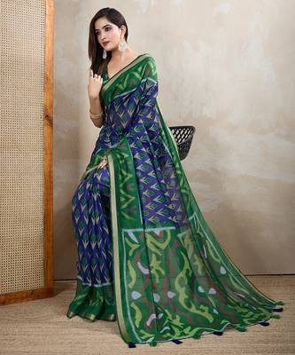 blue printed art silk designer pallu chanderi saree 4