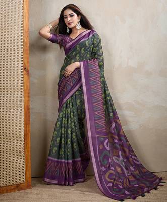 green printed art silk designer pallu chanderi saree 1