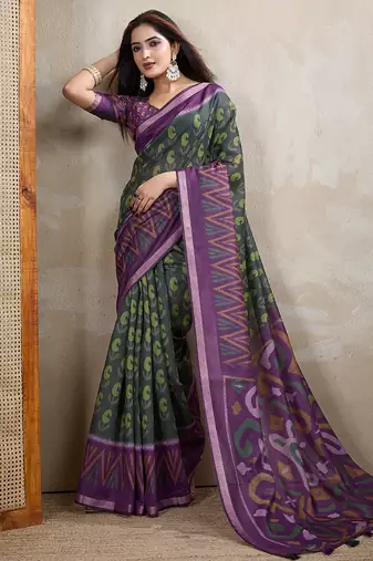 green printed art silk designer pallu chanderi saree