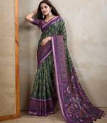 green printed art silk designer pallu chanderi saree
