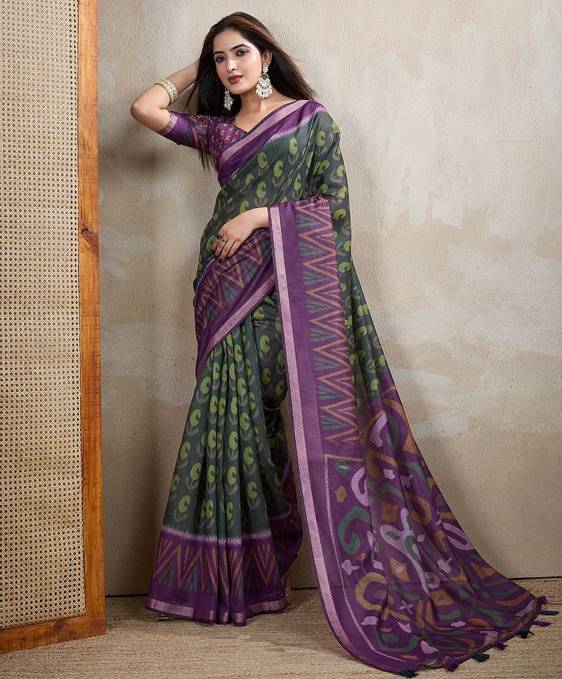 green printed art silk designer pallu chanderi saree