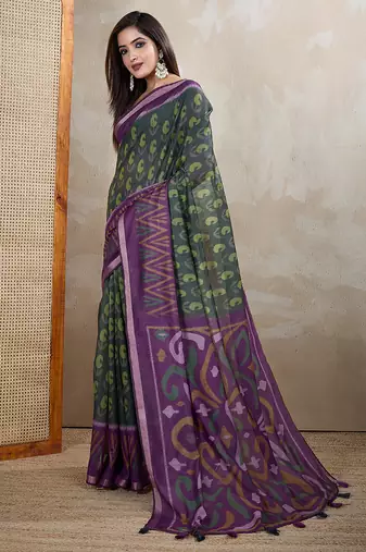 green printed art silk designer pallu chanderi saree