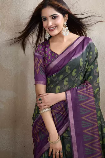 green printed art silk designer pallu chanderi saree