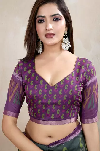 green printed art silk designer pallu chanderi saree