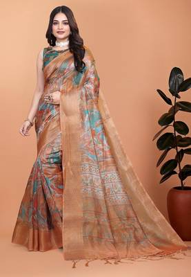 orange printed art silk designer pallu saree 1