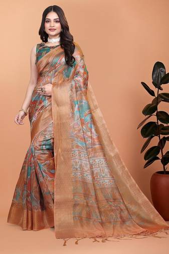 orange printed art silk designer pallu saree