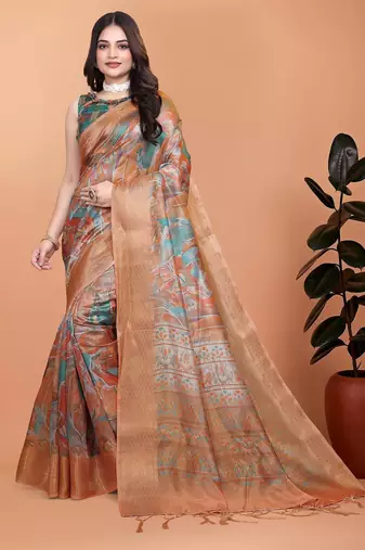 orange printed art silk designer pallu saree
