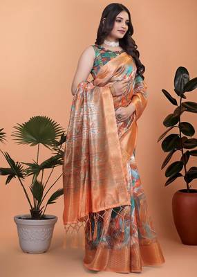 orange printed art silk designer pallu saree 2