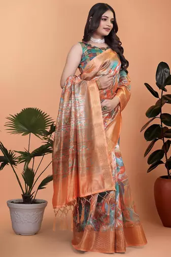 orange printed art silk designer pallu saree
