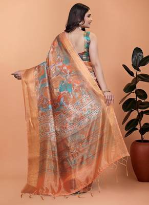 orange printed art silk designer pallu saree 3