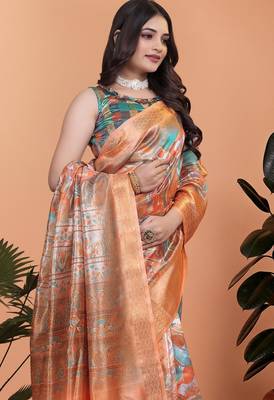 orange printed art silk designer pallu saree 4
