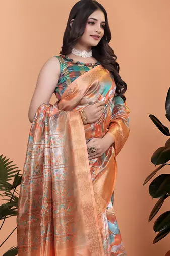 orange printed art silk designer pallu saree