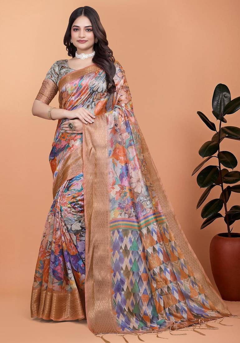 orange printed art silk designer pallu saree