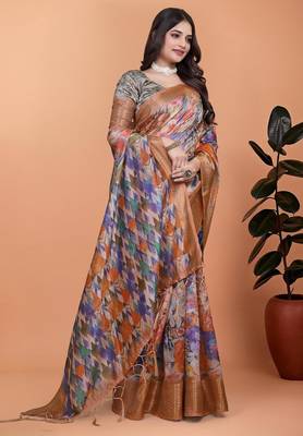 orange printed art silk designer pallu saree 2