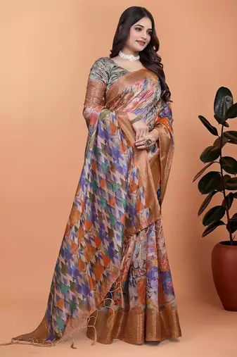 orange printed art silk designer pallu saree