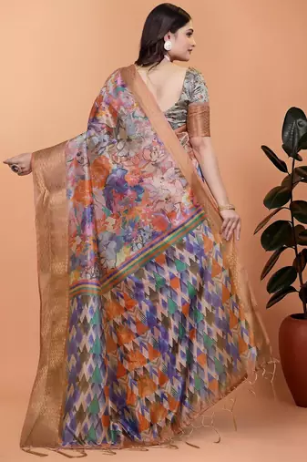 orange printed art silk designer pallu saree