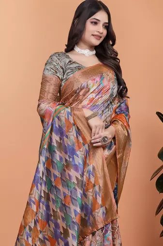orange printed art silk designer pallu saree