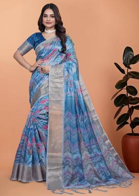 blue printed art silk designer pallu saree 1