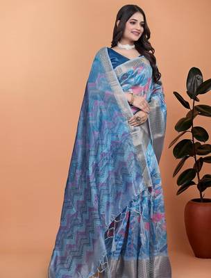 blue printed art silk designer pallu saree 2