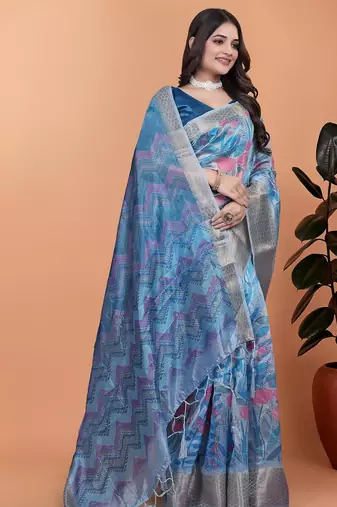 blue printed art silk designer pallu saree
