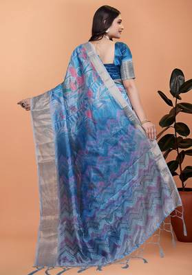 blue printed art silk designer pallu saree 3