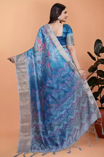 blue printed art silk designer pallu saree
