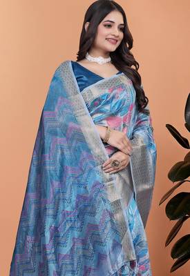 blue printed art silk designer pallu saree 4