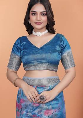 blue printed art silk designer pallu saree 5