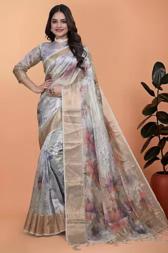 grey printed art silk designer pallu saree