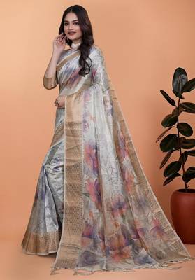 grey printed art silk designer pallu saree 2