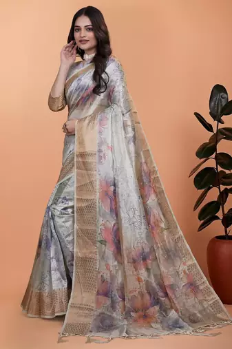 grey printed art silk designer pallu saree