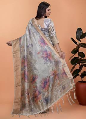 grey printed art silk designer pallu saree 3