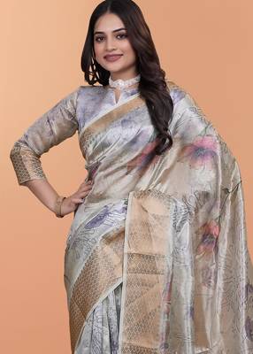 grey printed art silk designer pallu saree 4